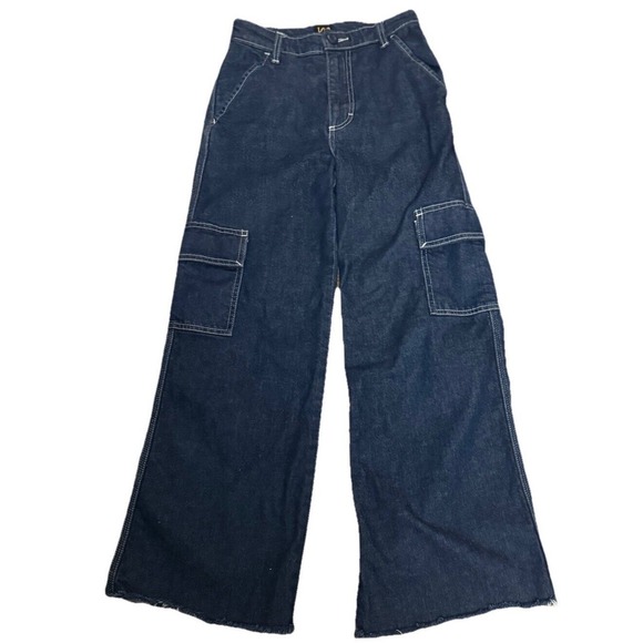 Lee Women's High Rise A-Line Cargo‎ Jeans Pants Size 25 Baggy Rave 90s Wide Leg - Picture 1 of 10